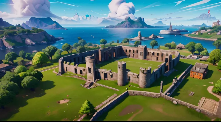 fortnite map landscape of ruins of a scotish castle, UHD, retina, masterpiece, accurate, super detail, high details, high quality, award winning, best quality, highres, 16k