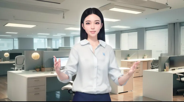 There was a woman standing in the office，reaching out her hands, live2d virtual YouTuber model, realistic anime 3D style, human experiment, 3D demo reel avatar, smooth anime cg art, realistic person, Inspired by Shen Si Zheng, upper body avatar, ultra-real...