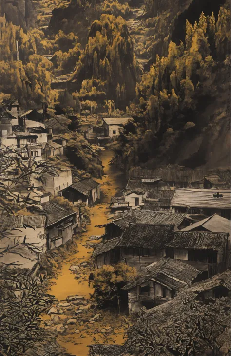 small village overlooking the creek, style influenced by ancient chinese art, light yellow and light black, chinese painting, in...