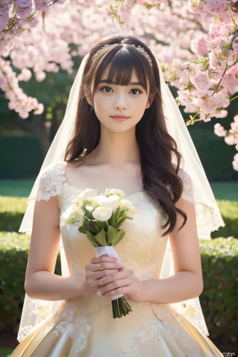 (Best Quality,4K,hight resolution,masutepiece:1.2),Ultra-detailed,(Realistic:1.37)
1girl in,wearing a golden wedding dress,Holding flowers,The pattern of the wedding dress is clear,Beautiful 24 year old girl on the background of the beautiful wedding lawn.