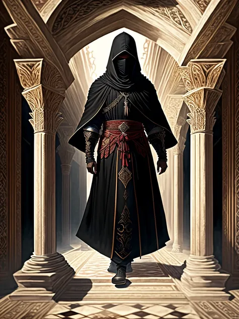 A male black killer，Cant see the face clearly，The background is a palace carpet，Hide behind pillars，Black Knife Assassin，Middle Ages style，