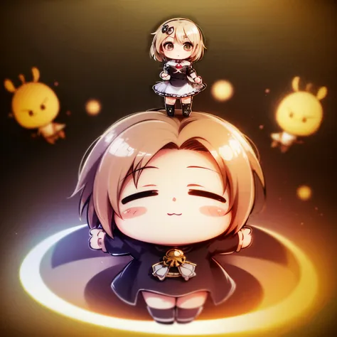 super high quality, (chibi character, deformed, full body, big head:1.5), 3D, cute deformed character with bulging cheeks, blonde light brown bob cut, priest woman, priest costume, purple big eyes with golden cross lights, background fantasy