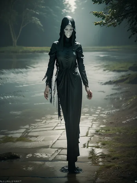 (Young woman, solo, full body,  hyperrealism, gothic dress), (night), trending on artstation, moonlit, flowering field, hands on hips, (ghostlystyle, ghostly mist), horror, tattered ghostly clothes, ghostdarksouls, wraith,  floating, glowing eyes