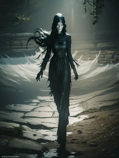 (Young woman, solo, full body,  hyperrealism, gothic dress), (night), trending on artstation, moonlit, flowering field, hands on hips, (ghostlystyle, ghostly mist), horror, tattered ghostly clothes, ghostdarksouls, wraith,  floating, glowing eyes