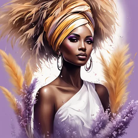 Painting of a woman wearing a turban and feather headdress., beautiful digital illustration, beautiful digital artwork, stunning digital illustration, beautiful illustration, Dark-skinned woman-goddess of love, exquisite digital illustration, Black African...