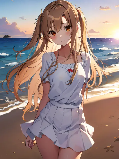 ultra-detailliert, hight resolution, 8K, Brown eyes、Raw photo, sand beach, Wearing a white shirt、White clothes、Cute skirt、a closed mouth、The brown-haired Asuna walking on the beach is beautiful like a goddess.....、Bewitching、A sexy、front-facing view、The ab...