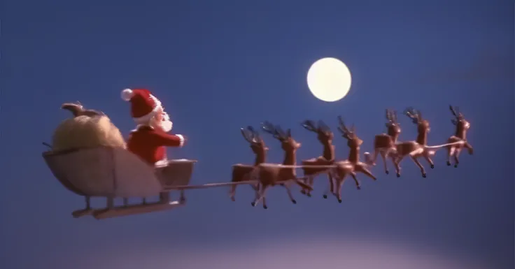 santa claus and his reindeer sleigh are flying in the sky, 1960s rankin bass stop motion, santa clause, santa, santa claus, inspired by Rudolph F. Ingerle, captura, movie screen shot, polar express, youtube video screenshot, 1952, 1 9 5 4, 1954, inspired b...