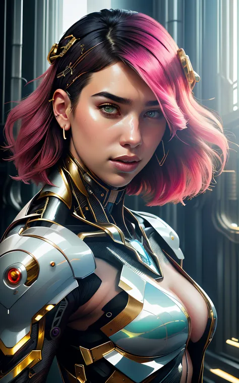 8k portrait of beautiful (cyborg) with pink hair, (Dua Lipa) , mecha musume scifi body suit, pauldrons, intricate, elegant, highly detailed, majestic, digital photography, art by artgerm and ruan jia and greg rutkowski surreal painting reflective, hairpin ...