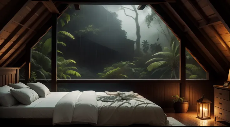 Heavy rain on the attic window in a cozy room in the rainforest at night