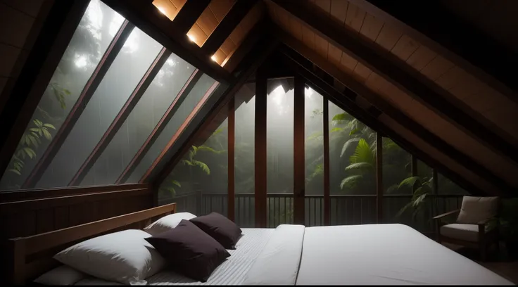 Heavy rain on the attic window in a cozy room in the rainforest at night