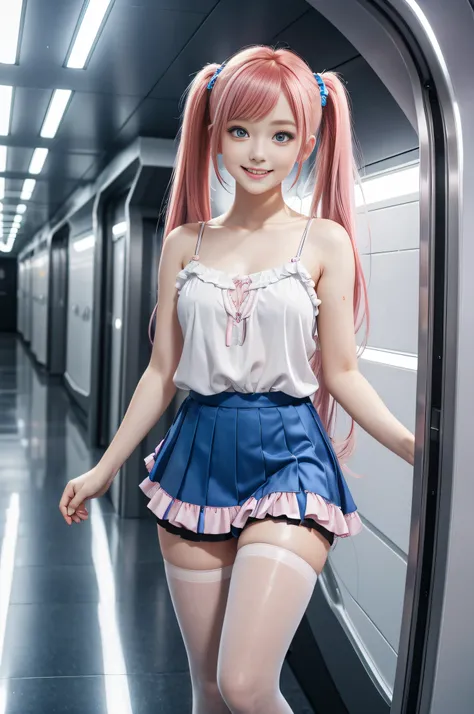 cute redhead with rainbow colored hair tips, ribbons in her hair, 18-year-old woman, happy, smiling, in twin tails, perfect symmetrical eyes, clear sparkling blue eyes, pale skin, silky smooth skin, standing on a fancy metal luxurious space ship, futuristi...