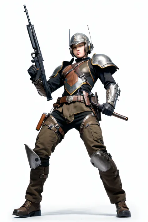 Cool metal warrior posing in front of white background，Holding Mauser C96 pistol in hand