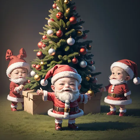 Comical and cute little monsters will be your friends.、.超A high resolution、An ultra-high picture quality、8K、Detailed details、marvelous expression、Many children are enjoying the party together、Santa Claus Costume、Christmas tree and party venue background、