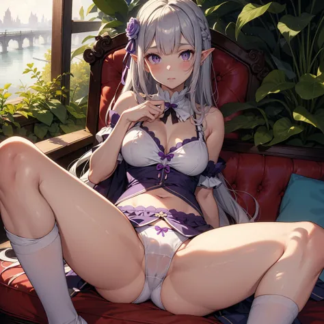 (masterpiece, best quality), (detailed face and eyes) Emilia from Rezero, beautiful girl, expressive eyes, perfect face, 1girl,  (detailed beautiful eyes) underwear, full body shot, long silver hair, purple eyes, visible bellybutton, elf ears, feminine, fl...