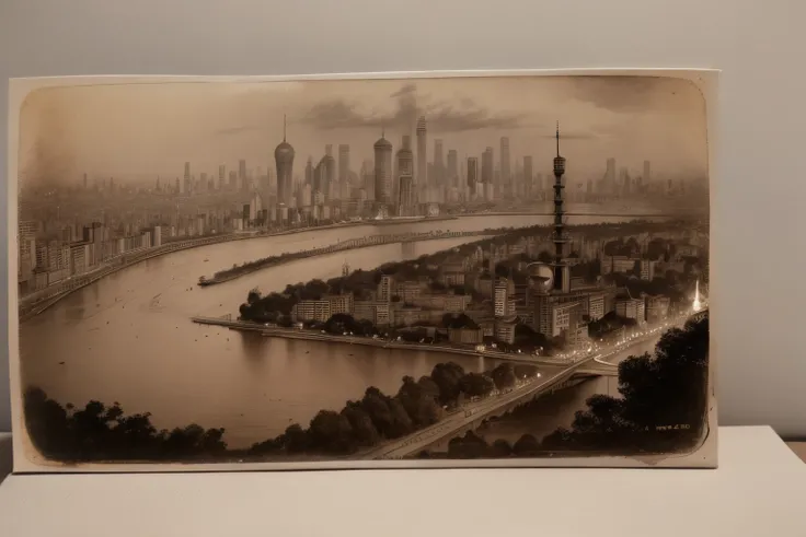 postcard design, A an old worn postcard in sepia from 1840 with a view of Shanghai