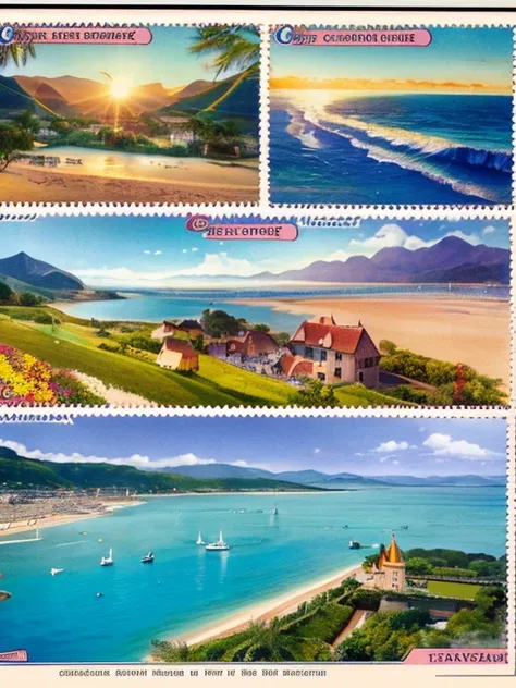 Une fille écrivant des cartes postales au bord de la mer,Vue sur l&#39;océan,Beaux yeux détaillés,plage de sable,souffle,couleurs vives,promenade en bord de mer,Horizon ensoleillé,Mouettes volantes,souvenirs de voyage,notes manuscrites,coquillages,Timbres-...