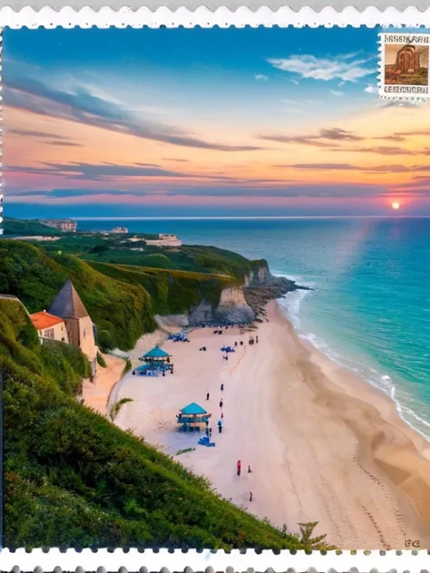 Une fille écrivant des cartes postales au bord de la mer,Vue sur l&#39;océan,Beaux yeux détaillés,plage de sable,souffle,couleurs vives,promenade en bord de mer,Horizon ensoleillé,Mouettes volantes,souvenirs de voyage,notes manuscrites,coquillages,Timbres-...