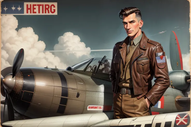 postcard design, extremely detailed postcard or poster artwork, 1940s, a man as bomber pilot in world war 2, brown leather jacket, hangar in the background, alberto vargas,  ron embleton