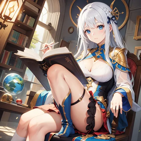 Girl. A world of swords and sorcery. Sitting in a chair, reading. White underwear. The bangs are cut in a straight line to the side. Miniskirt. Opening the crotch. Knee-high socks. Big tits.