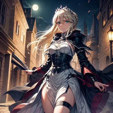 Artoria alter, hooded cloak, green eyes, blonde braided hair, running away from the castle at night, tears coming down her face