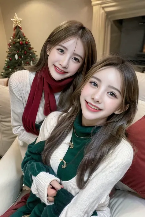 (Best Quality,Photorealistic,hight resolution),2girls,Beautiful detailed eyes,Beautiful detailed lips,Smiling,Laughing,Cute,Christmas Eve,Happy,having fun,Winters,Joyful,excited,Twinkling lights,Decorated Christmas Tree,clew,cosy atmosphere,Warm fireplace,...