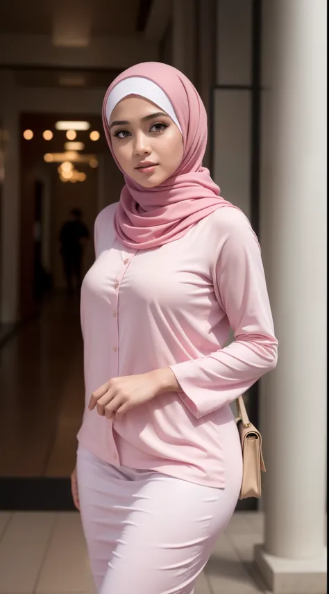 (masterpiece), best quality, realistic, photorealistic, highly detailed, highly detail face,malay girl in hijap, fullbody,beutifull face, solo,1girl, wearing pink_shirt, wearing hijab, long hijab, big boobs, bangs, walking, city, rain,bakeh