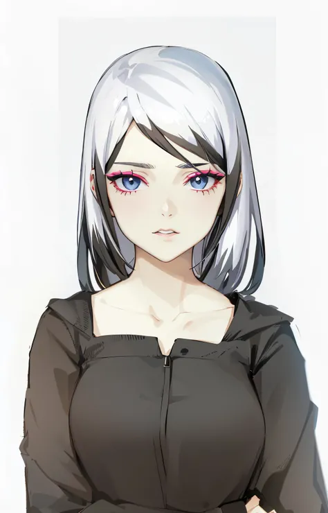 anime woman with white hair and black dress posing for a picture,