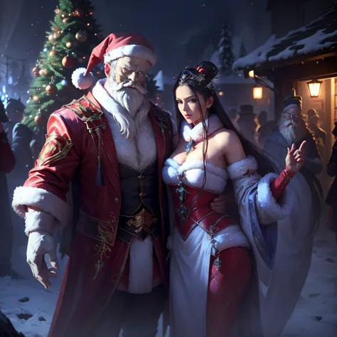 １femele、Slender beautiful figure、make friends with big monsters、.超A high resolution、An ultra-high picture quality、8K、Wonderful expression with attention to detail、they are enjoying the party together、Santa Claus Costume、Night party background with christma...