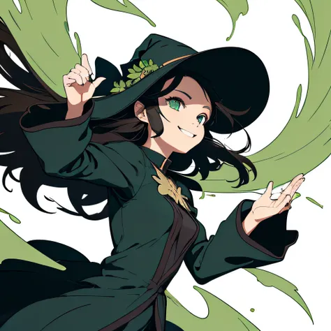 (masutepiece, Best Quality),((Flat color)), 1 girl , Witch Girl, pixiv style, Detailed beautiful eyes, Small breasts, Smile , Floating leaves, Dynamic, Wind element, storm