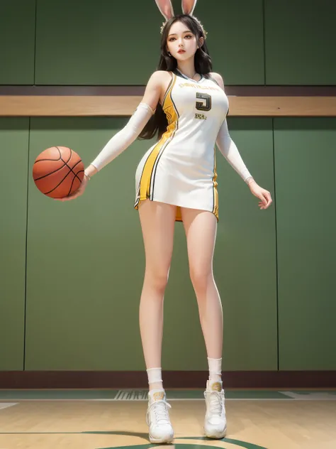 1lady solo, /(basketball uniform/), mature female, (masterpiece best quality:1.2) delicate illustration ultra-detailed, large breasts BREAK /(civic gymnasium/) indoors,full body, black hair,rabbit ears