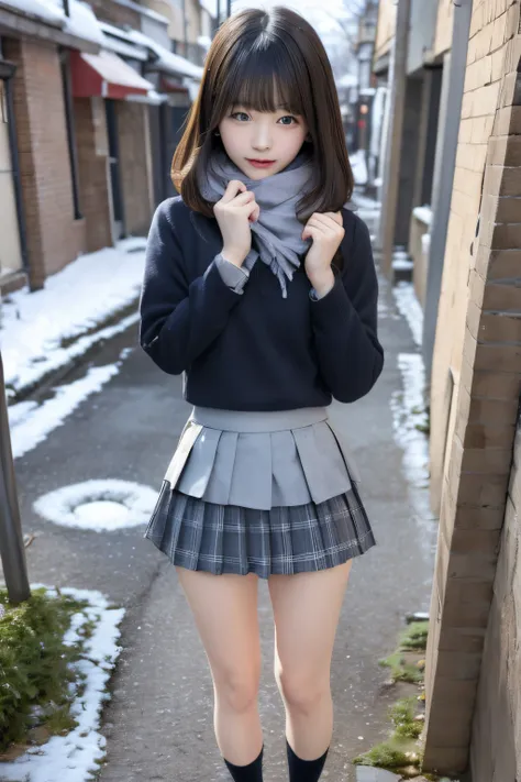 Masterpiece、top-quality、girl1、ultra-detailliert　A dark-haired、Blunt bangs　Schoolgirl Uniform、scarf、a short skirt、Leather shoes　pissing　Snow Town