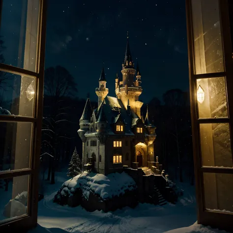 Fairytale castle in the forest, the night, moon and stars, the snow sparkles. It&#39;s warm in the windows, Yellow light.