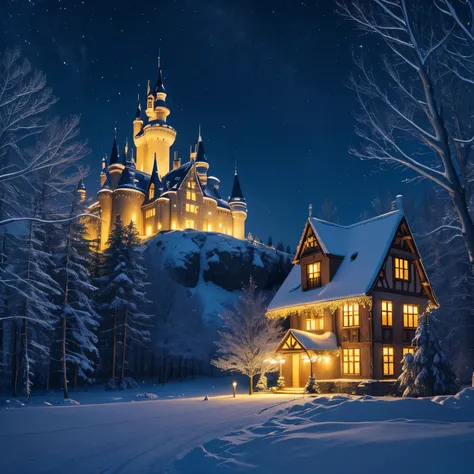 Fairytale castle in the forest, the night, The Moon and the Stars, snow sparkles. ito#39;it&#39;s warm in the windows, yellow light.