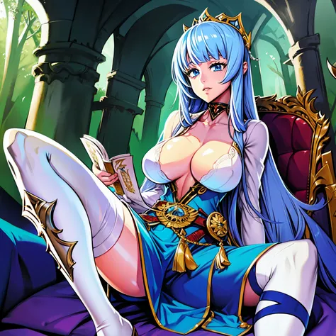 Girl. A world of swords and sorcery. Sitting in a chair, reading. White underwear. The bangs are cut in a straight line to the side. Miniskirt. Opening the crotch. Knee-high socks. Big tits.