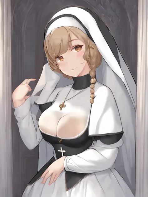 (1girl:1.5), masterpiece, best quality, best detail, best proportion, best anatomy, best face, blush, best shaped breasts, very large breasts, ((wearing nuns costume):1.4), 14 year old lowteen, ((half body shot):0.9), nsfw, in a confession room(background)...