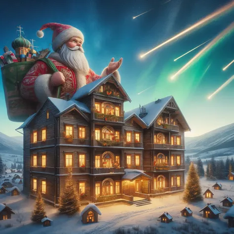 santa claus flying over a house with a bag of presents, by Alexander Kucharsky, 3 d epic illustrations, by Aleksander Gierymski, santas workshop, by Sven Nordqvist, a hyper realistic, rolands zilvinskis 3d render art, in style of kyrill kotashev, by Franz ...