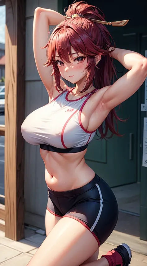 Yae miko, Sports bra, big breast, midriff, detailed face, detailed body render, girl, Sports pants, hands behind head, sexy, blush, plump thighs