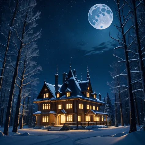 Fairytale castle in the forest, the night, The Moon and the Stars, snow sparkles. ito#39;it&#39;s warm in the windows, yellow light.