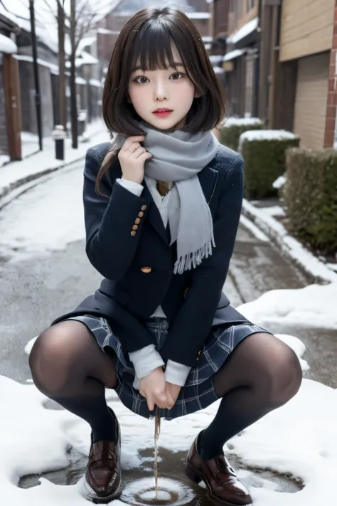 masterpiece、top-quality、girl1、ultra-detailliert　a dark-haired、blunt bangs　schoolgirl uniform、scarf、leather shoes　pissing　snow to...