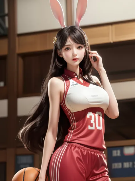 1lady solo, /(basketball uniform/), mature female, (masterpiece best quality:1.2) delicate illustration ultra-detailed, large breasts BREAK /(civic gymnasium/) indoors, black hair,rabbit ears