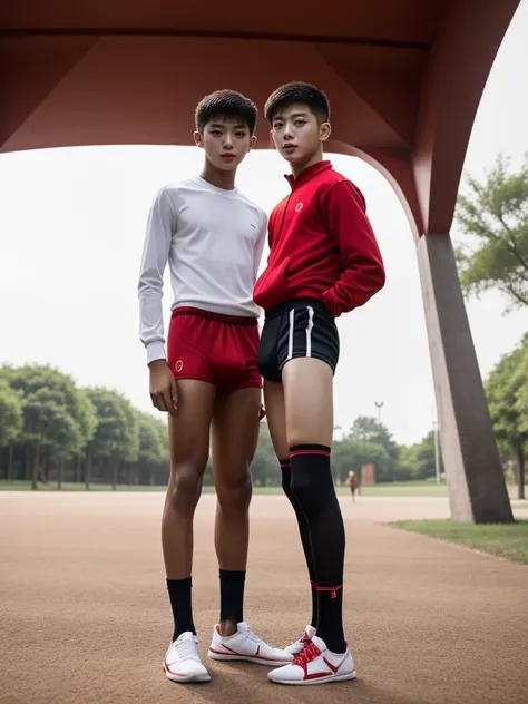 16 years old teenagers , very young , light-skin , wearing an dark red sexy underwear, tmasterpiece，k hd，the feet，Transparent sports vest，semi transparent，black long socks，The barefoot , red colour , handsome and cute , extreme cute boy , white skin , dark...