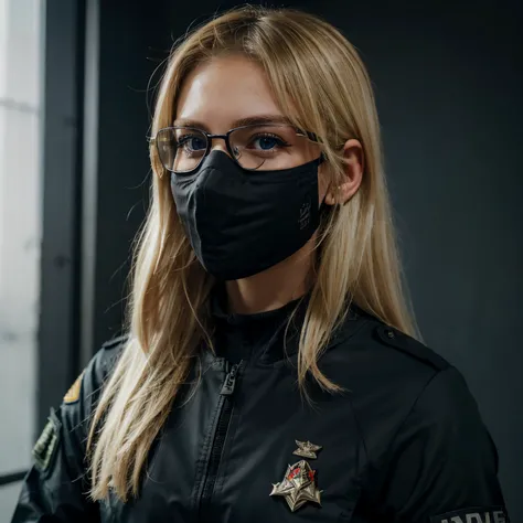 Medium length blonde hair girl, in a call of duty uniform, somewhat of a military uniform, with blue eyes, glasses, a black mask and a black helmet.