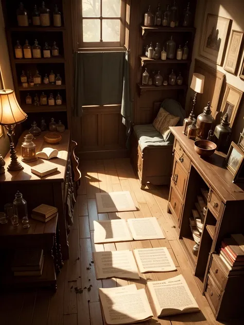 oil painting still life, in the historical interior environment, darkened room, cinematic lighting, contrast lighting, apothecary cabinet, alchemy bottles, scrolls, books, papers, dry herbs, crystals