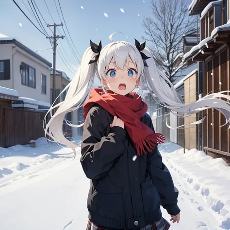 Twintail,hair blowing in the wind, snow, surprised, flat