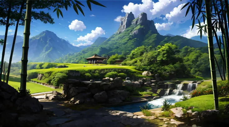 concept-art, without humans, scenecy, day, that tree, cloud, Outdoor sports, natural, blue-sky, mountain stream, bamboo forrest