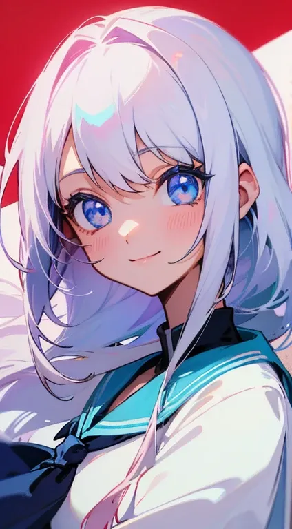 Cute anime girl with white silky hair blue eyes cute smile student