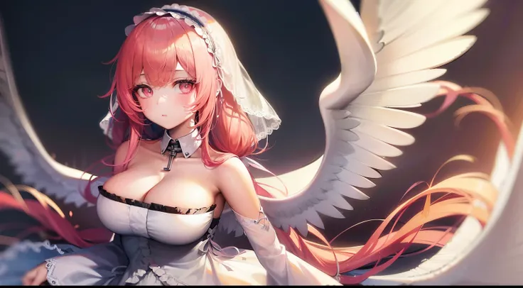 high detail, symmetrical, masterpiece, best quality, perseusorigin, detailed eyes, beautiful, extremely detailed, whithe _dress, angel_wings, white_legwear 1girl, solo, pinkhair, long hair, looking at viewer, breasts, same eye colour, wedding dress, outdoo...