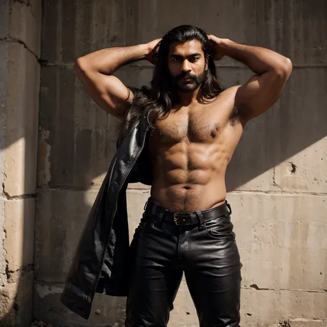 Indian brown boy, tall, handsome, bulky, muscular, big pecs, hairy chest, hairy armpits, long hair, moustache, veiny arms, wearing black biker leather jacket and leather pants