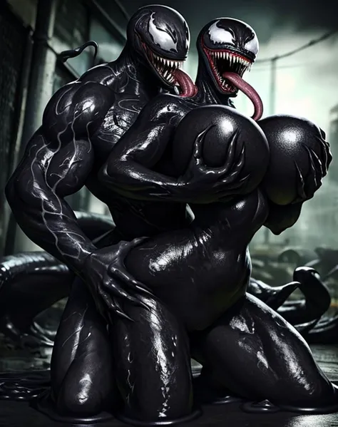 venom, symbiote, female, black body, goo creature, open mouth, sharp teeth, long tongue, big breasts, massive breasts, slim , very small waist, , from behind, big butt, hands on breasts