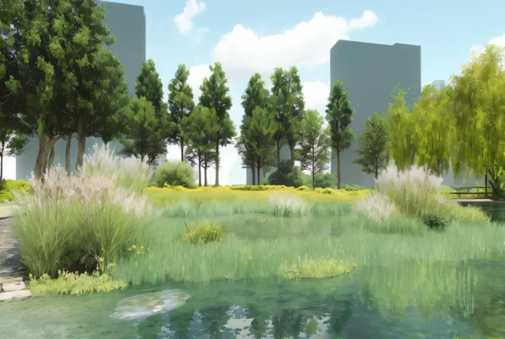 There  a small pond，There  a bridge and trees in the background, 3D virtual landscape painting, 3d landscape, 3d landscape, beautiful landscape rendering, Render in enscape, forest setting with skyscrapers, nature returning to the city, a digital rendering...